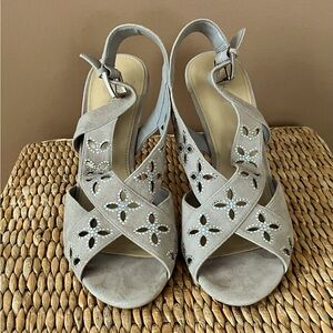 Michael Kors Leather Suede Sandals, Taupe w/ Rhinestones, Sz. 9.5, 4” Heel